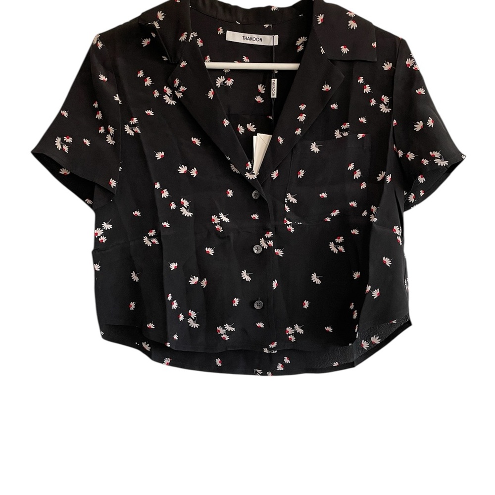 NWT Thakoon Collared Black Floral Button-Up Crop Top size S